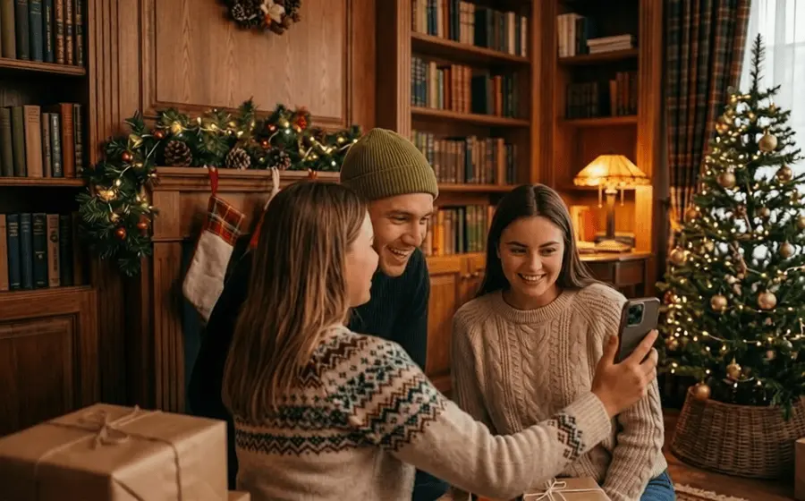 Draugai kartu žiūri kalėdinį video sveikinimą telefone jaukioje šventinėje aplinkoje