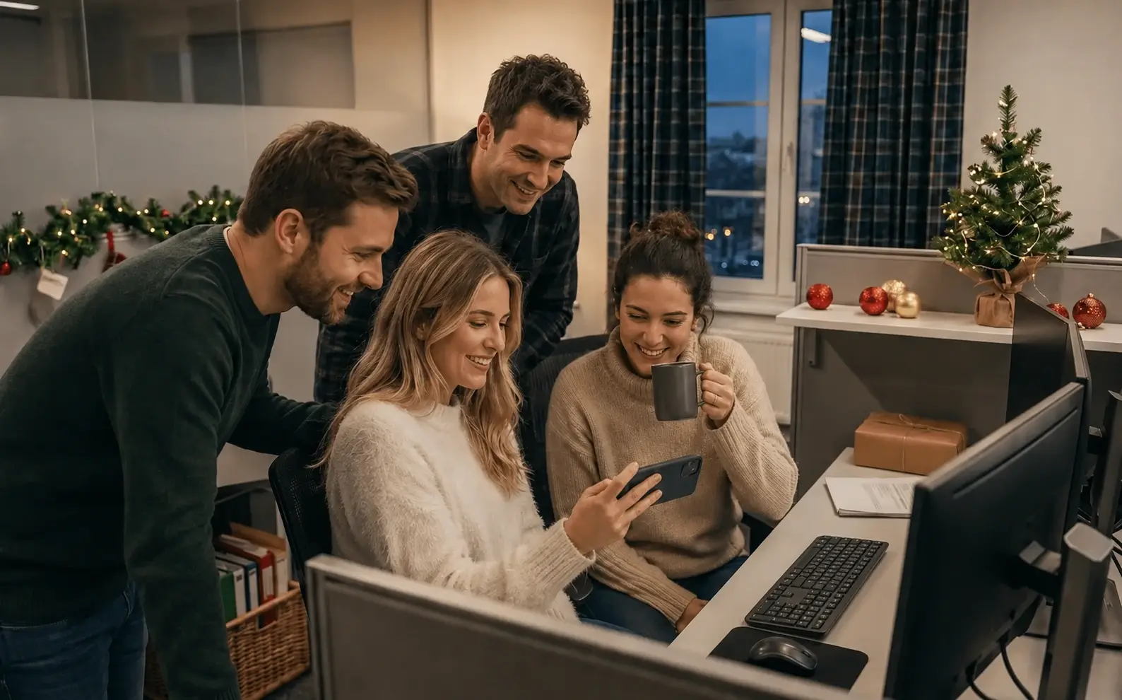 Kolegos biure žiūri Kalėdų Senelio video sveikinimą per telefoną