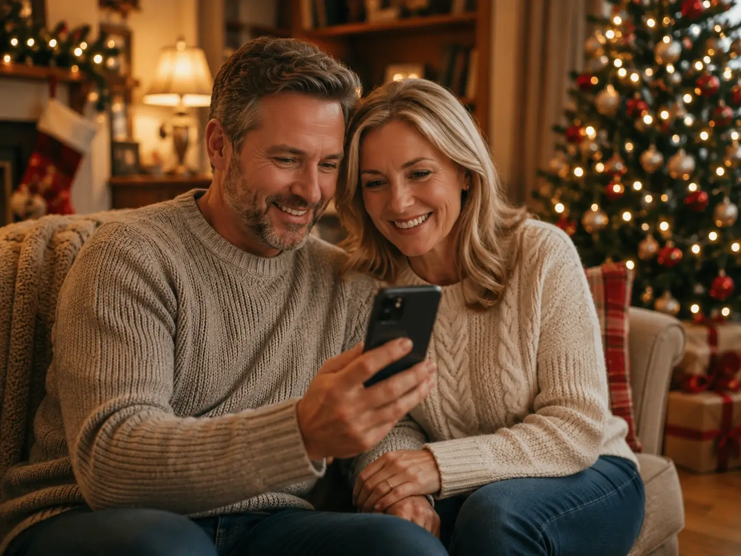 Mama ir tėtis kartu žiūri kalėdinį video sveikinimą telefone namuose